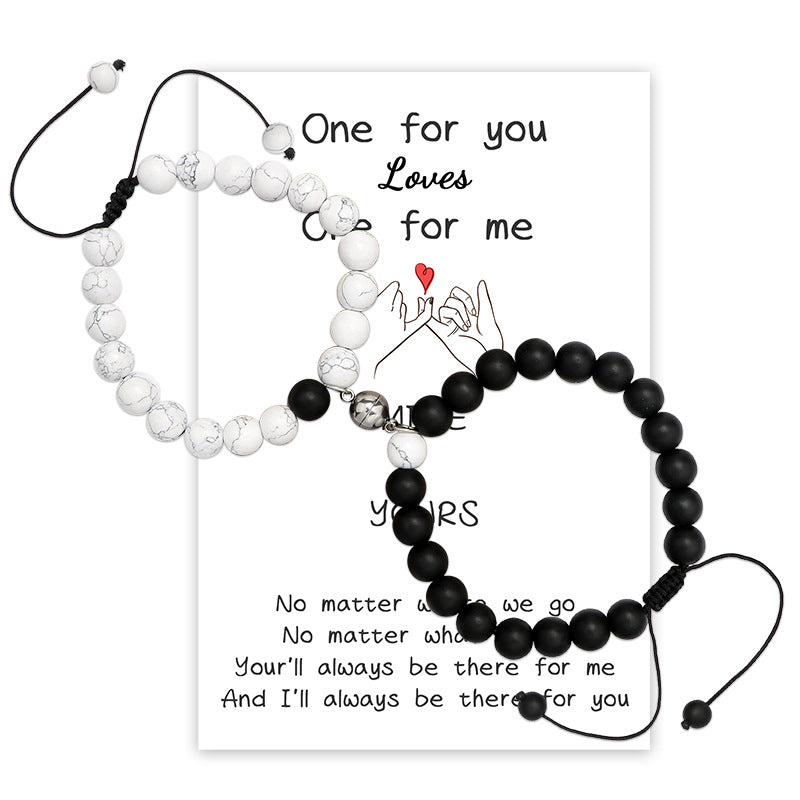 New Couple Card Bracelet Pink Quartz Volcanic Stone White Pine Heart Magnet Pink Quartz Couple Bracelet