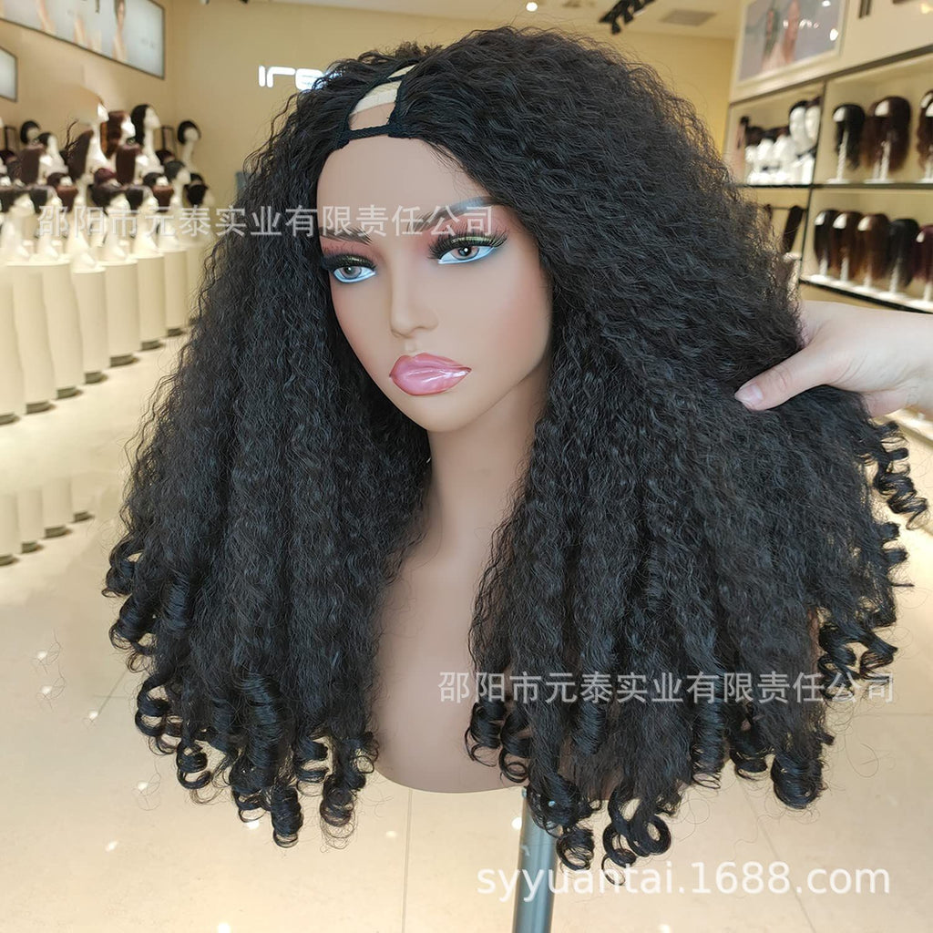 N Africa YAKI Straight Hair with Curly Ends Synthetic Wig V High-Temperature Fiber Wig with Hollow Top