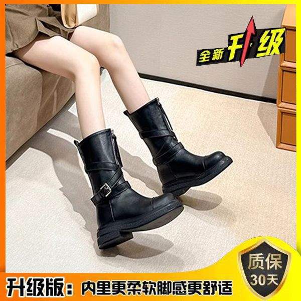 2025Spring and Autumn New Over-the-Knee Boots Women's Martin Boots Belt Buckle Thick-Soled Motorcycle Rider Boots High Tube Fashion Boots