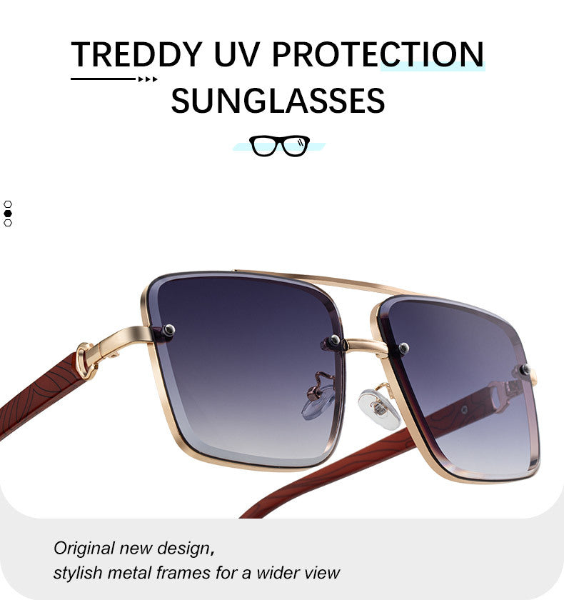 2025New European and American Fashion Square Frame Sunglasses for Men Retro Imitation Wood Grain Temple Double Bridge Sun Protection Sunglasses for Men