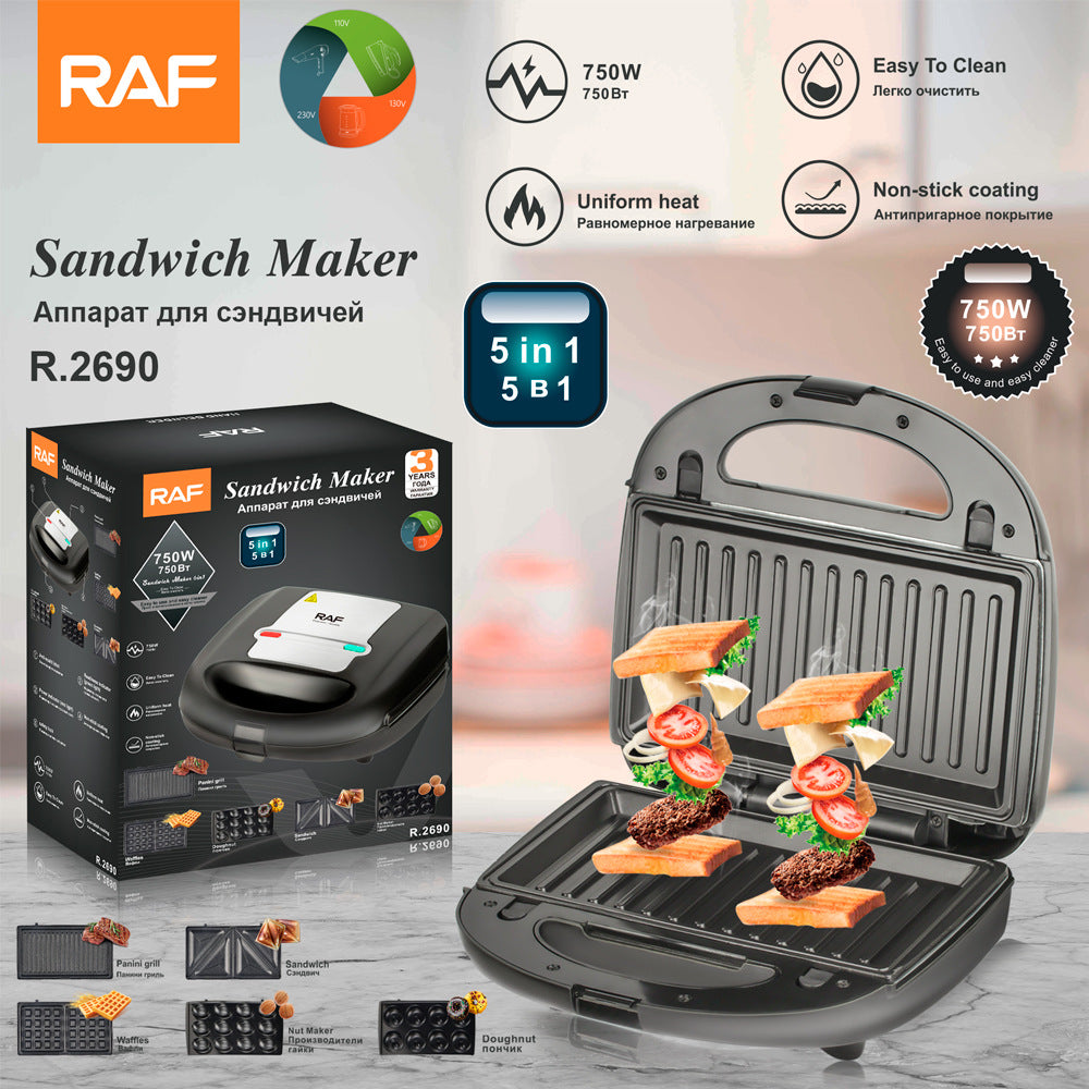 RAF European Standard 5-in-1 Sandwich Maker Breakfast Machine Double-Sided Heating Multifunctional Toaster Waffle Maker