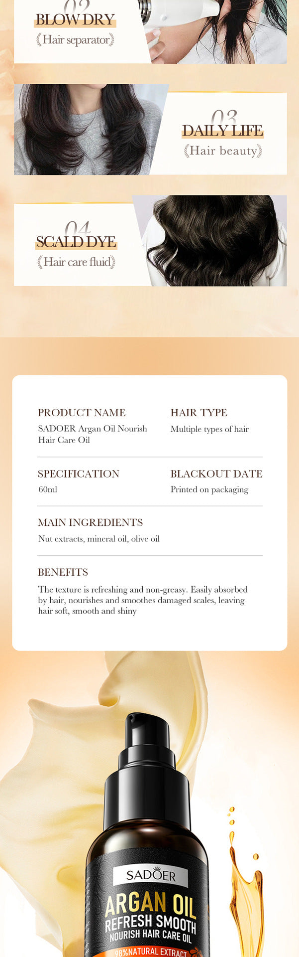 Argan Oil Hair Care Essential Oil60mlSADOER Refreshing Nourishing Smooth Hair Conditioner Cross-Border Wholesale