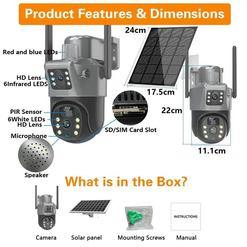 Gunball4g Solar camera HD night vision panoramic home use remote dual lens outdoor surveillance