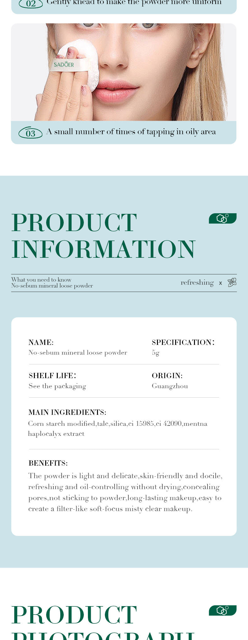 Full English Makeup SADOER Mineral Loose Powder Refreshing Lightweight Setting Concealer Powder  Wholesale