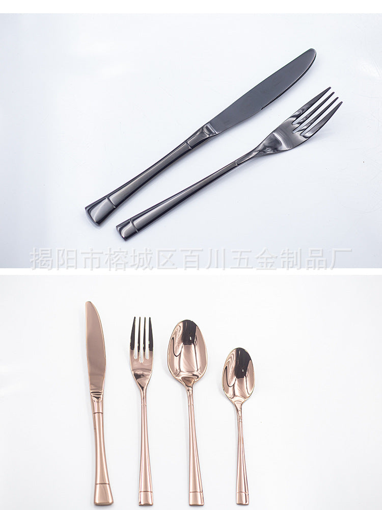 304Stainless Steel Cutlery Set Western Spoon Fork Four-Piece Set Titanium-Plated Square Handle Steak Knife Fork Spoon Gift Set