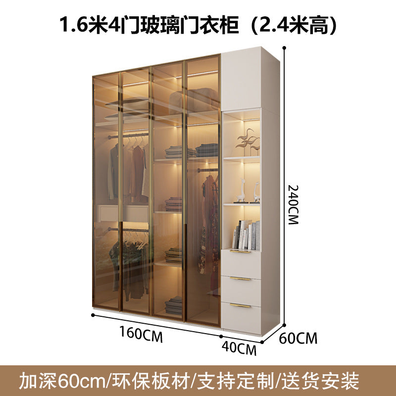 Glass Door Wardrobe with Lights, Solid Wood, Home Bedroom, Modern Simple European Pine Board, Cream Color, Skin Feel Storage, Large Wardrobe