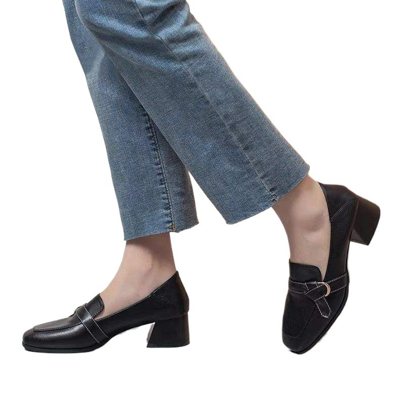 Internet Celebrity Women's Shoes2025Spring New Versatile Square Toe Loafers Chunky Heel Slip-On Two-Way Wear Single Shoes