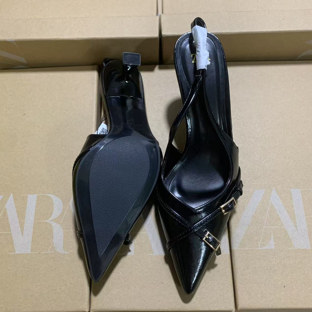 ZA2025New Black French Cross Buckle Fashion High Heels Women Pointed Toe High Heels Outdoor Back Strap Hollow Shoes