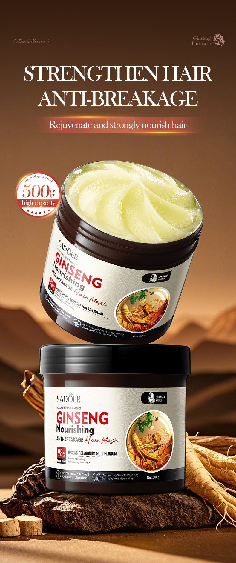 Full English Ginseng and Polygonum Multiflorum Hair Mask SADOER Nourishing Anti-Breakage Smooth Voluminous Hair Mask  Wholesale