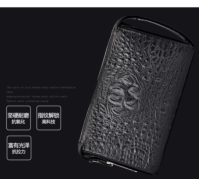 Fingerprint Lock Bag Business Commuting Men's Handbag Top Layer Cowhide Crocodile Large Capacity Multi-Card Slots Clutch