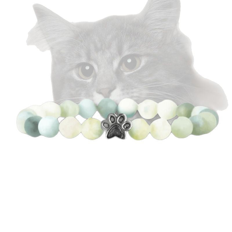 Animal Paw Print Bracelet Women's Natural Stone8mm Beaded Black Weathered Volcanic Stone White Pine Cat Claw Bracelet