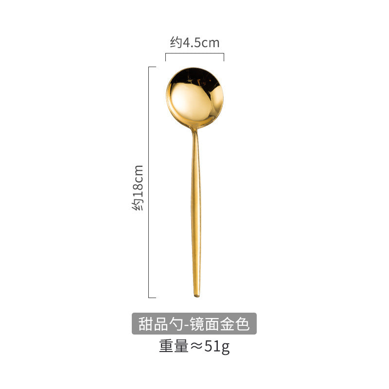 Portuguese Tableware304Glossy Round Handle Main Dinner Knife Fork Spoon Thick Mirror Dessert Spoon Fruit Fork Ice Spoon