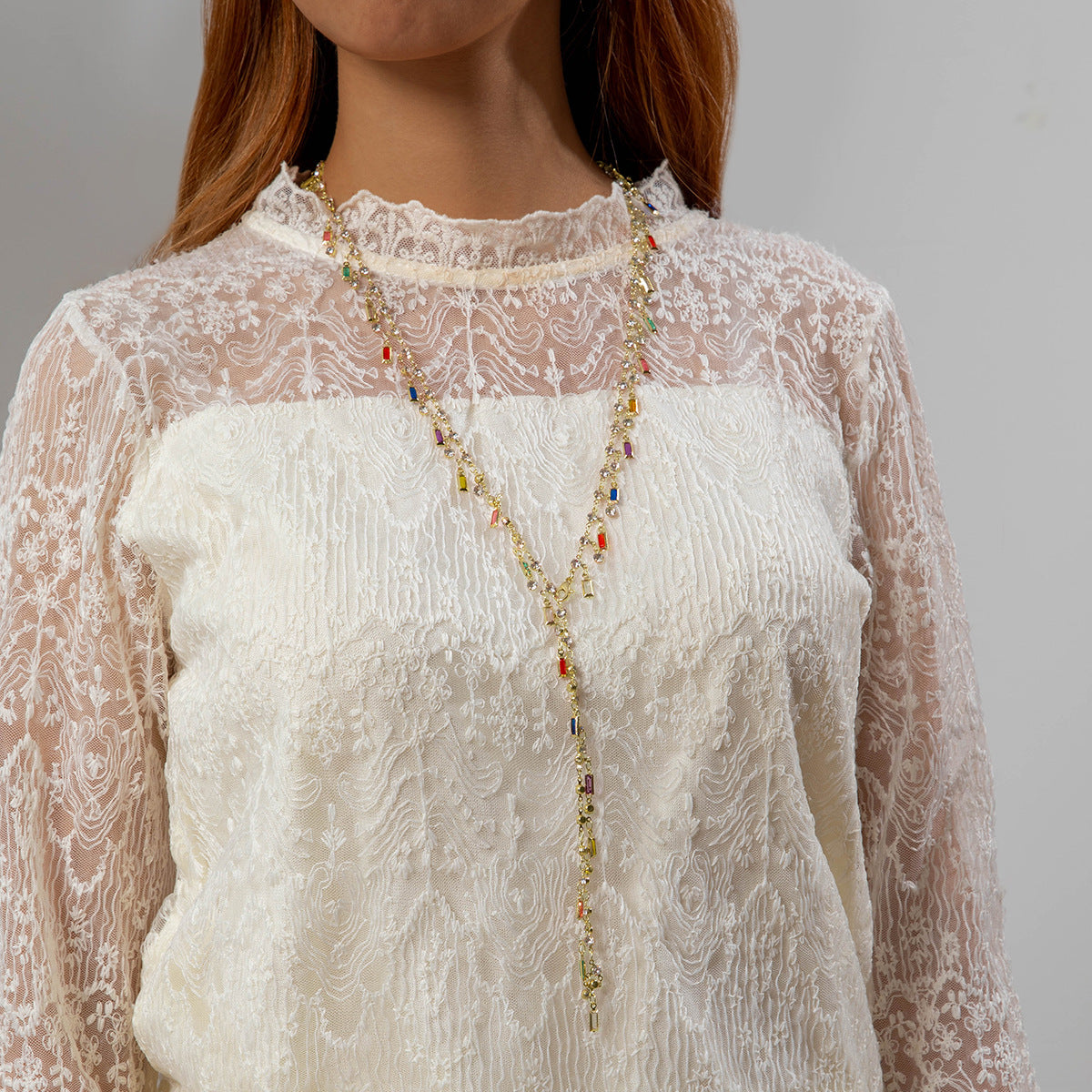 Simple Colorful Beaded Tassel y Chain Necklace Elegant Versatile Diamond-Studded Sweater Chain Jewelry