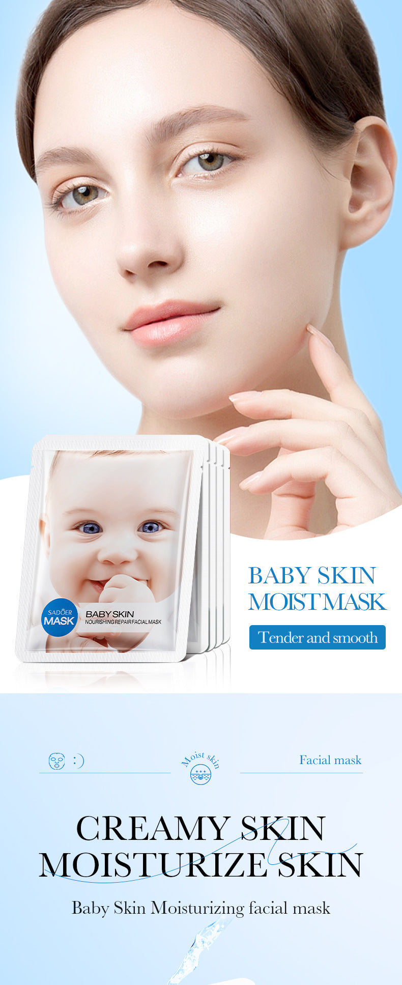 Baby Face Mask25g SADOER Moisturizing, hydrating, skin-smoothing facial mask sheets for cross-border foreign trade wholesale