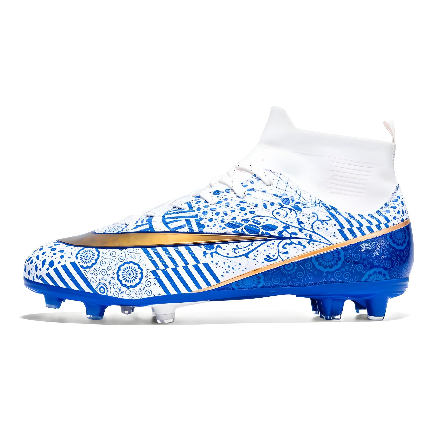 World Cup Same Style Blue and White Porcelain High-top Soccer Shoes for Men and Women, Children and Youth Competition Training Shoes