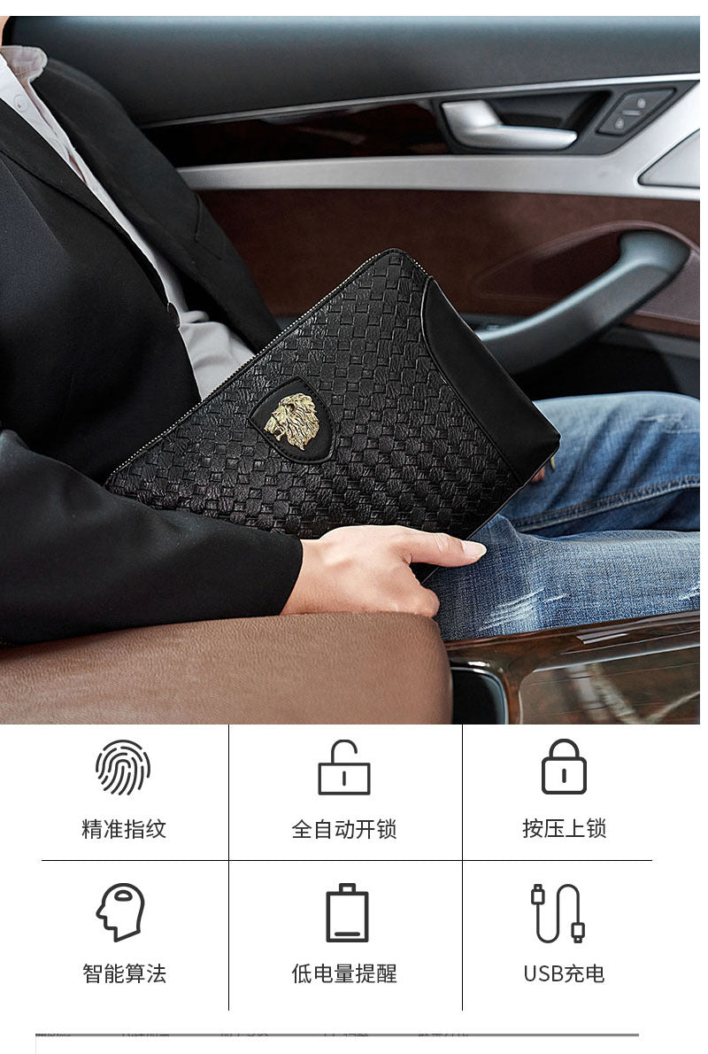 Fingerprint Lock Clutch Bag Large Capacity Business Men's Genuine Leather Handheld Luxury Woven Clutch Portable Fingerprint Unlock
