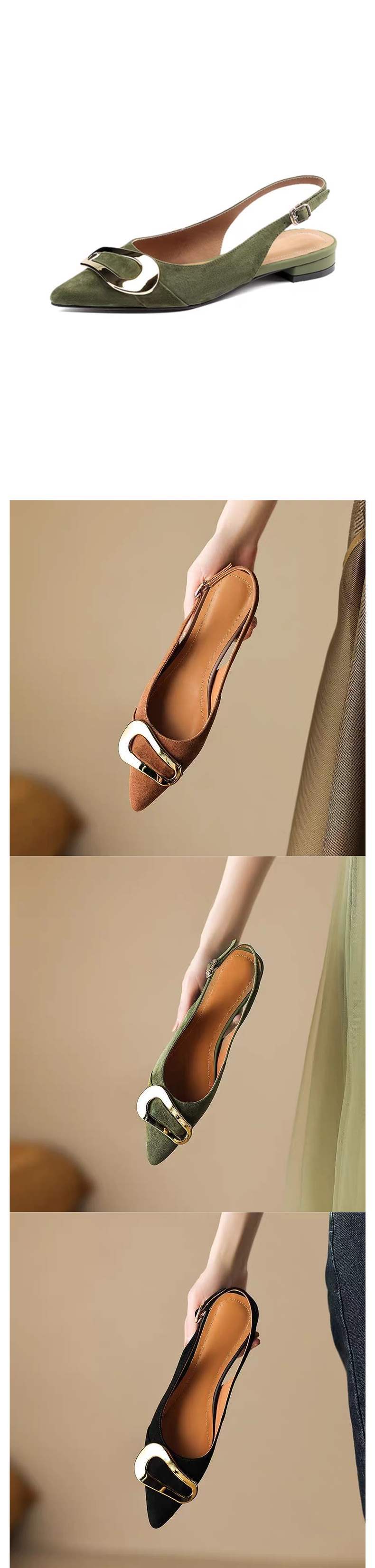 French retro metal buckle flat shoes for women2025Summer New Style Closed-Toe Sandals Pointed Elegant Shallow Mouth Flats