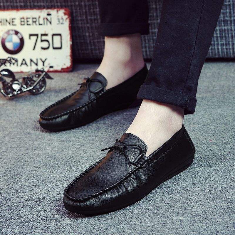 Beanie Shoes Men's New Casual Leather Shoes Men's Breathable Soft Leather Lazy Shoes Student Slip-On Men's Driving Shoes