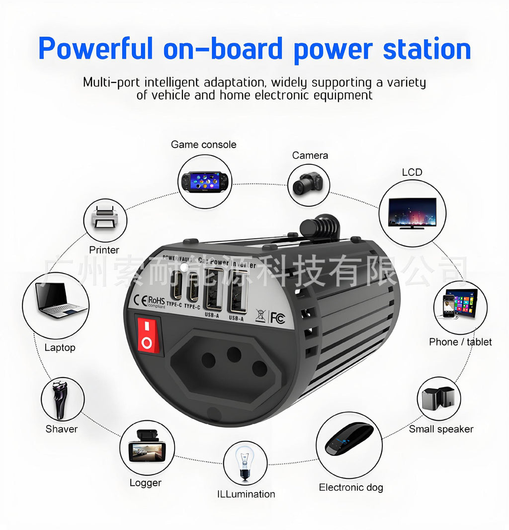 Brazilian Standard Socket Cup Type Car Inverter200W12V Turn110V/220V Double USB Double Type-C