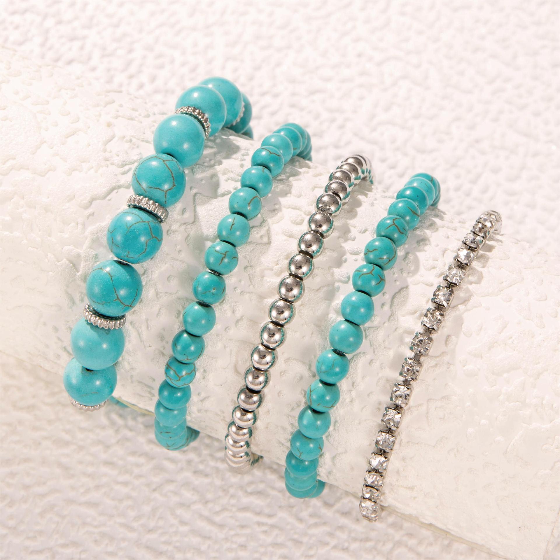 Bohemian Style Turquoise Multi-Layer Stacking Bracelet Set Light Luxury Diamond-encrusted Chain Beaded Bracelet