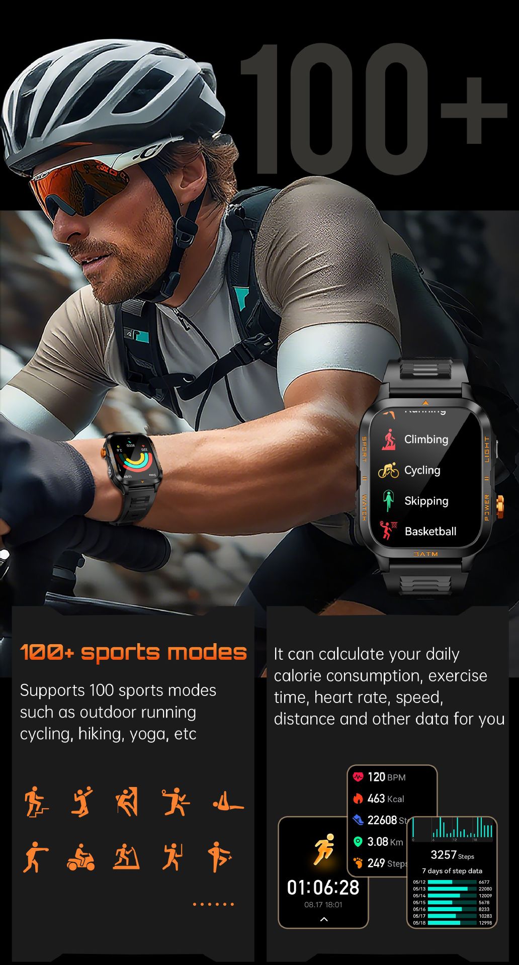 KT89Smart Watch Bluetooth Call True Heart Rate Step Sleep Flashlight Deep Waterproof Three-Proof Sports Reminder