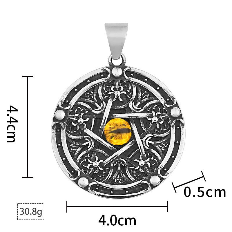 Vintage Stainless Steel Men's Pendant Personality Round Pentagram Demon Eye Titanium Steel Necklace Wholesale