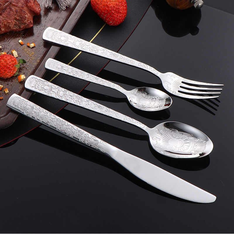 410Stainless Steel Tableware Hotel Restaurant Totem Knife Fork Spoon Set Vintage Pattern Western Steak Knife Fork
