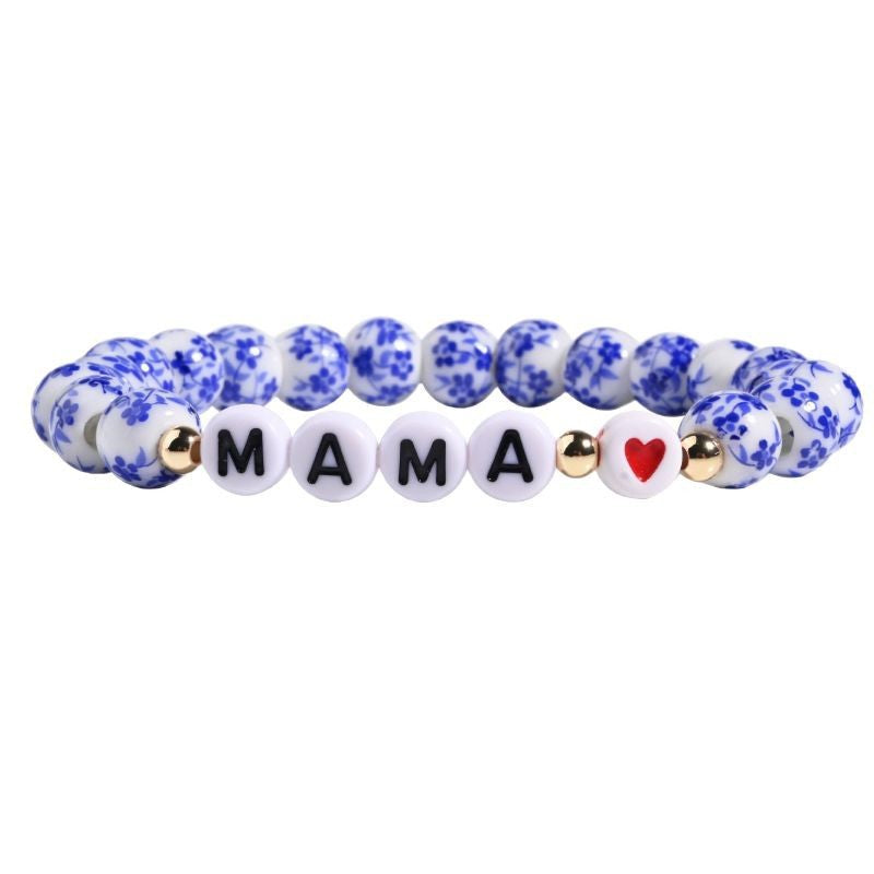 Mother's Day Gift Bracelet for Women, Festive Chinese Style Bracelet8mm Orchid Beaded MAMA Alphabet Blue and White Porcelain Bracelet