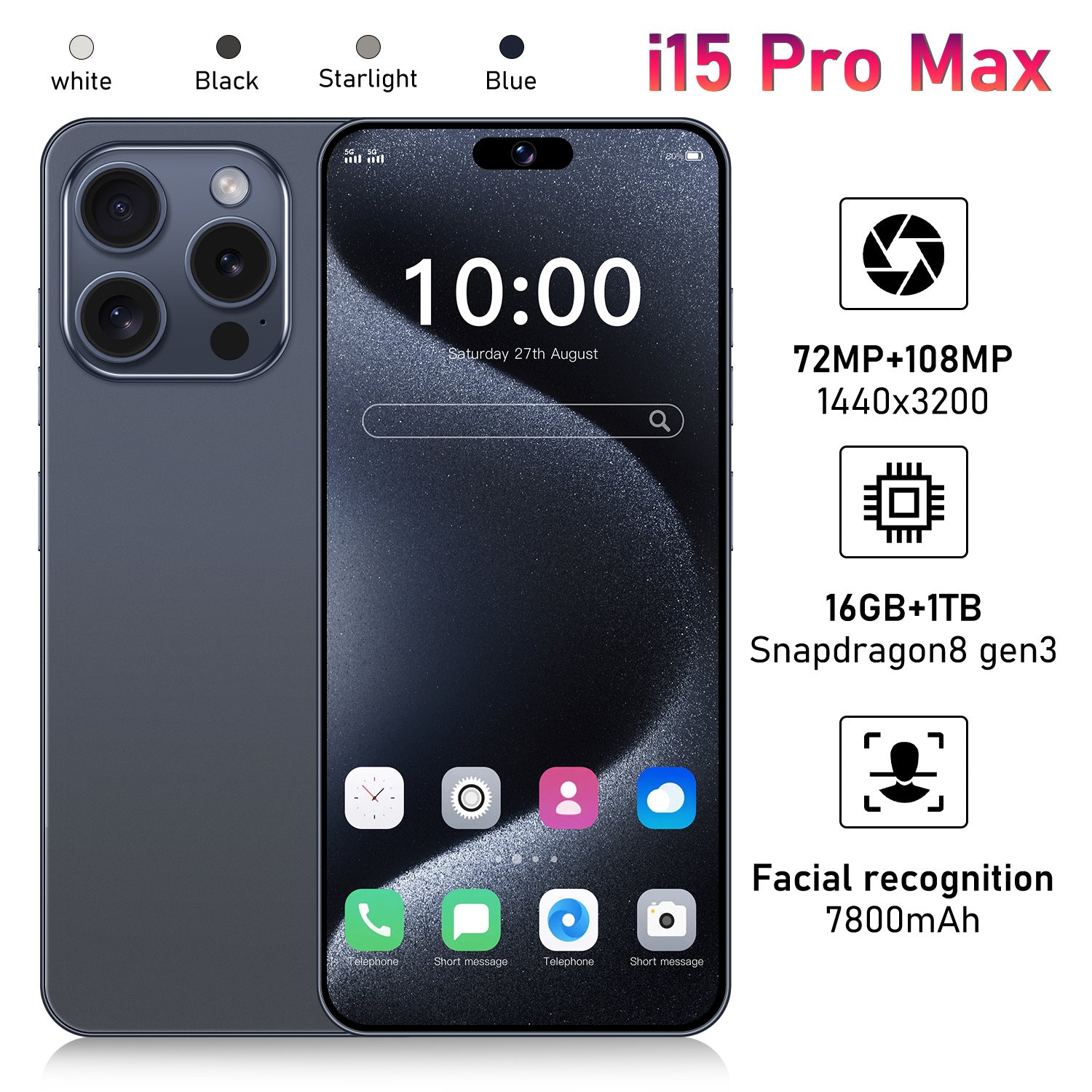 Mobile Phone i15 ProMax 7.3Large Screen 16+1T Android All-in-One Device Source Factory(Popular)