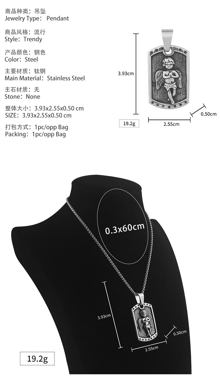 New Stainless Steel Square Angel Pendant Necklace for Men, Vintage Style, Titanium Steel Pendant, Factory Wholesale