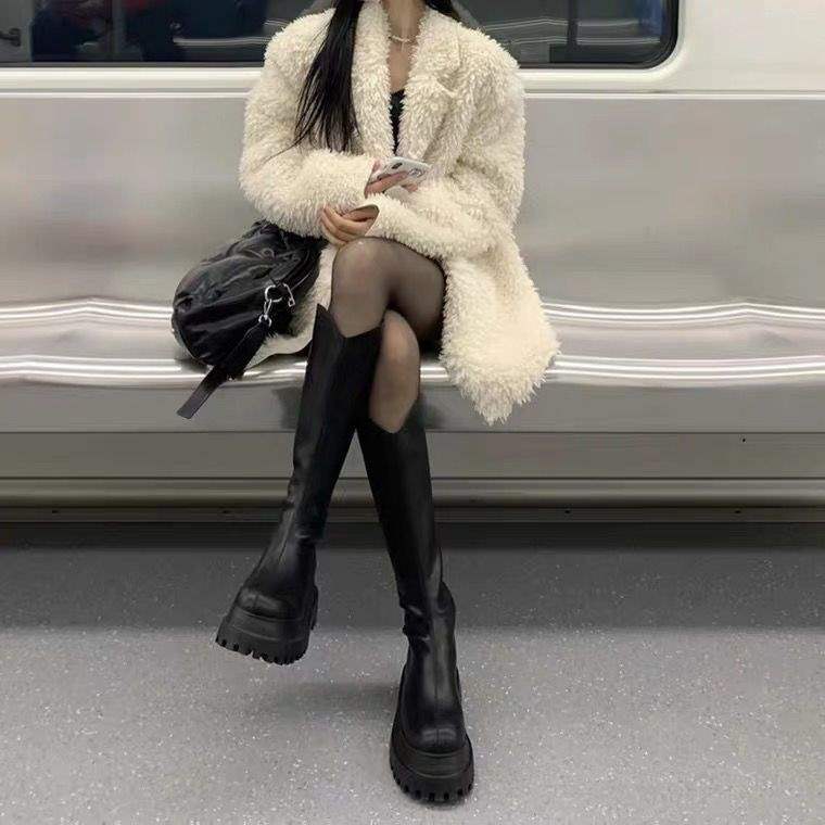 Spicy Girl Knight Long Boots2025New Women's Boots for Autumn and Winter, Thick-Soled Height-Increasing Leather Boots, High-Tube Elastic Slim Boots