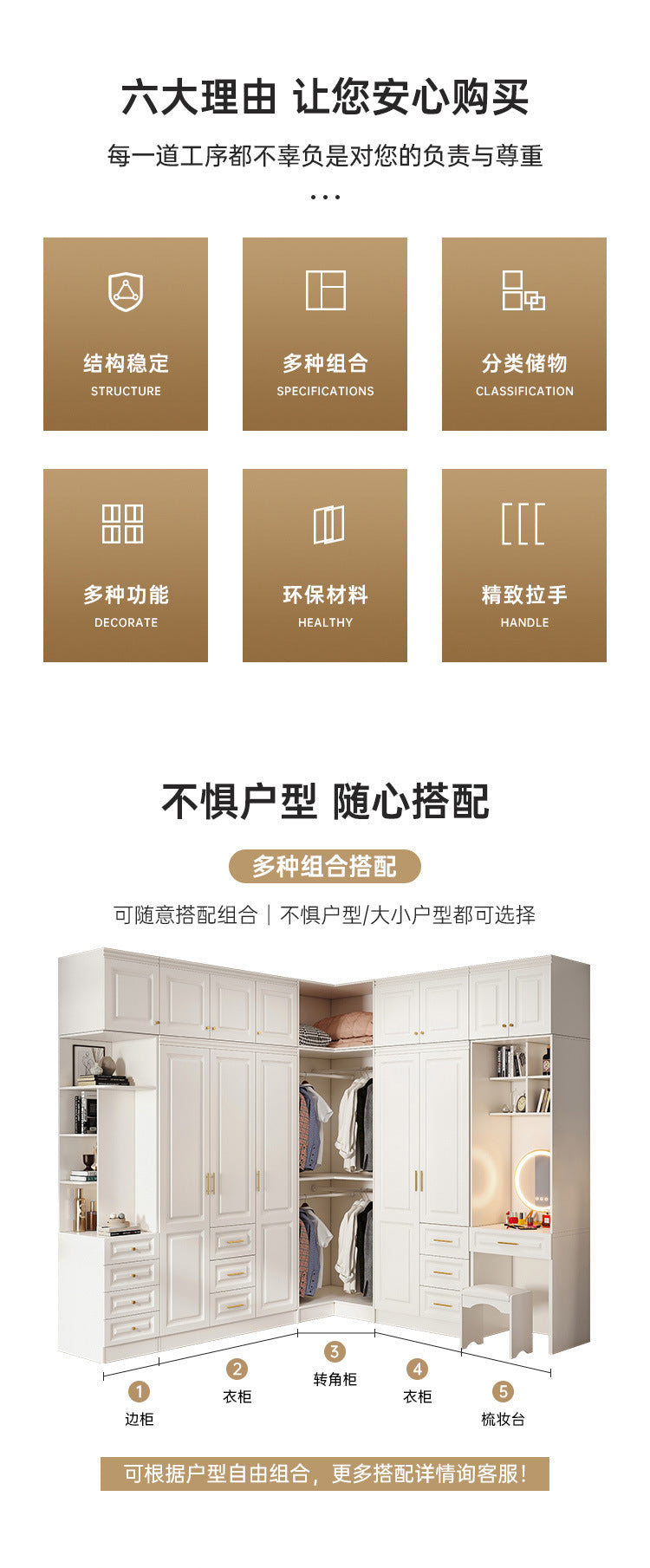 90Corner Wardrobe for Home Bedroom, Suitable for Various Sizes, Dressing Table Integrated, Trendy Simple European Style Large Wardrobe