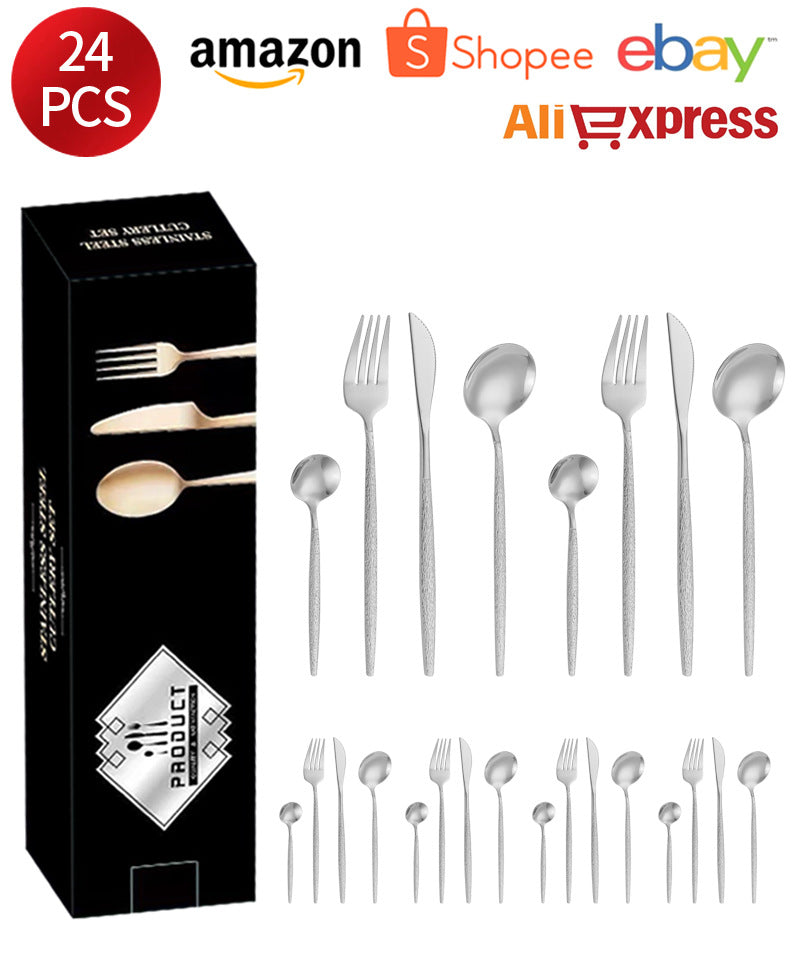 Stainless Steel Cutlery Western Knife Fork Spoon Restaurant Steak Knife Fork Hammer Pattern Portugal24Set