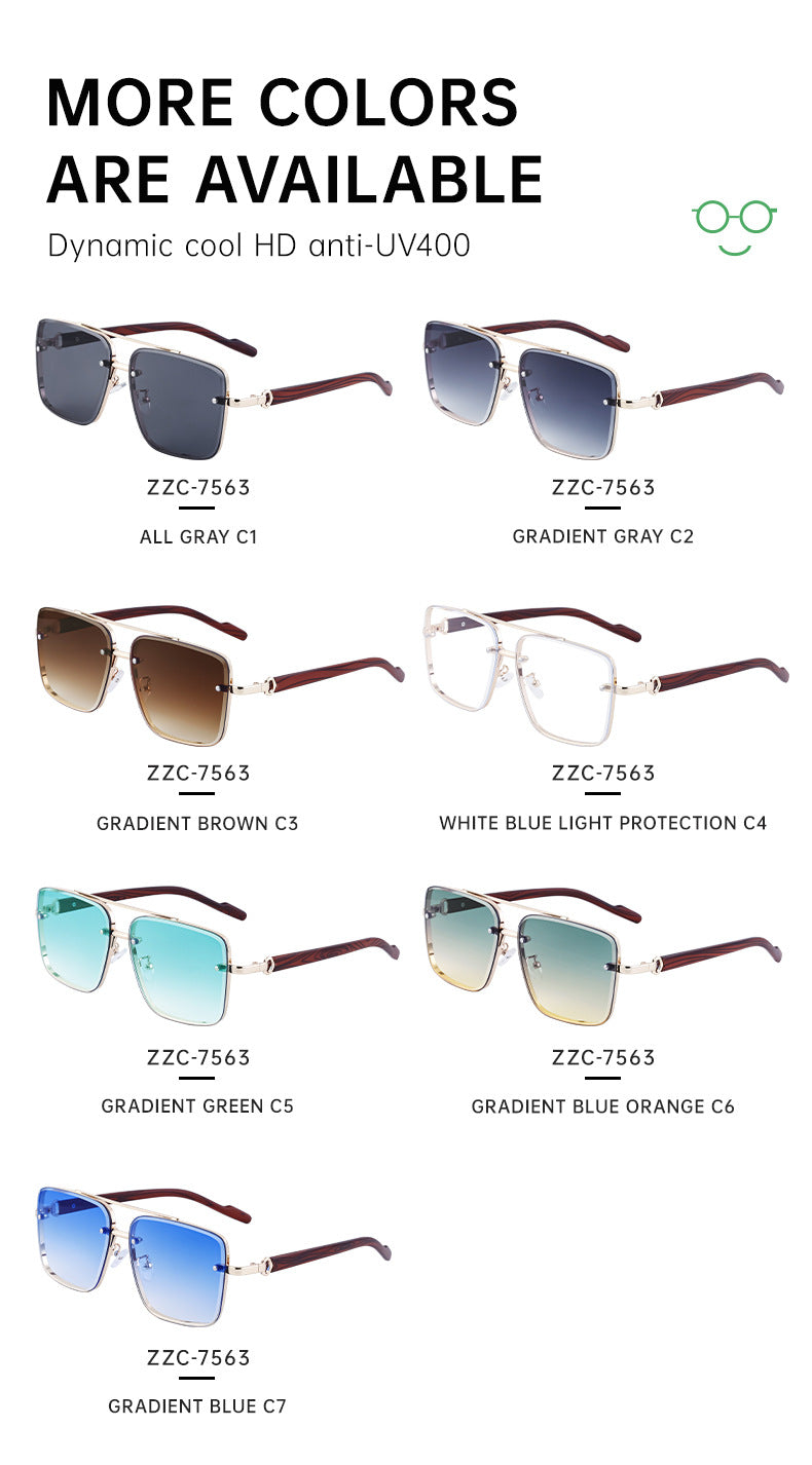 European and American Style Square Frame Cut Edge Sunglasses for Men with Imitation Wood Grain Temples, Men's Trendy Wholesale sunglass