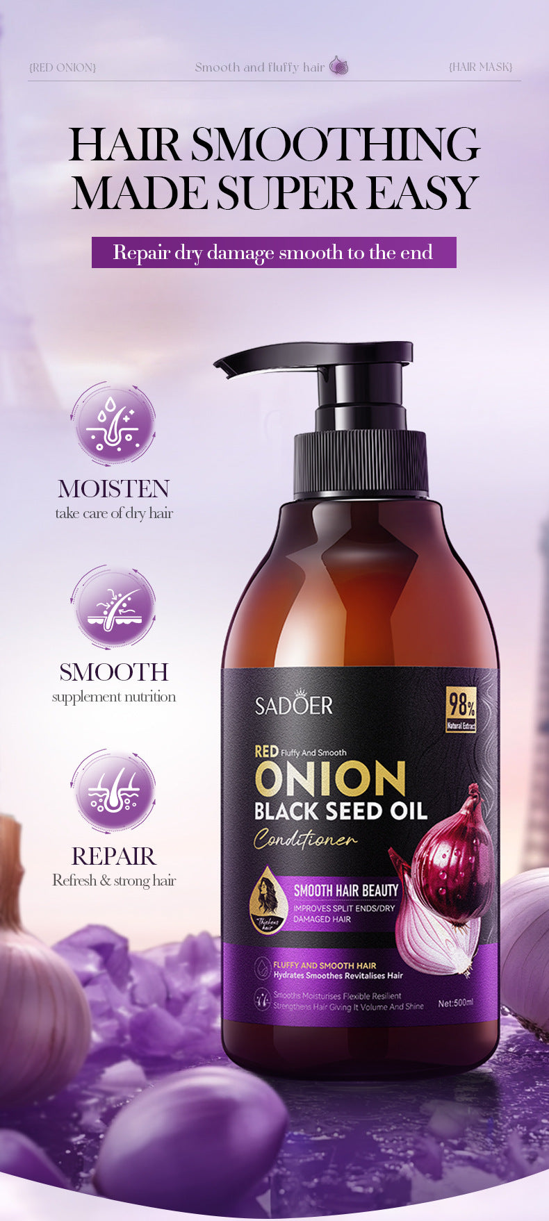 Onion Black Seed Oil Smooth Conditioner SADOER Smooth and Silky Hair Conditioner Cross-Border Wholesale