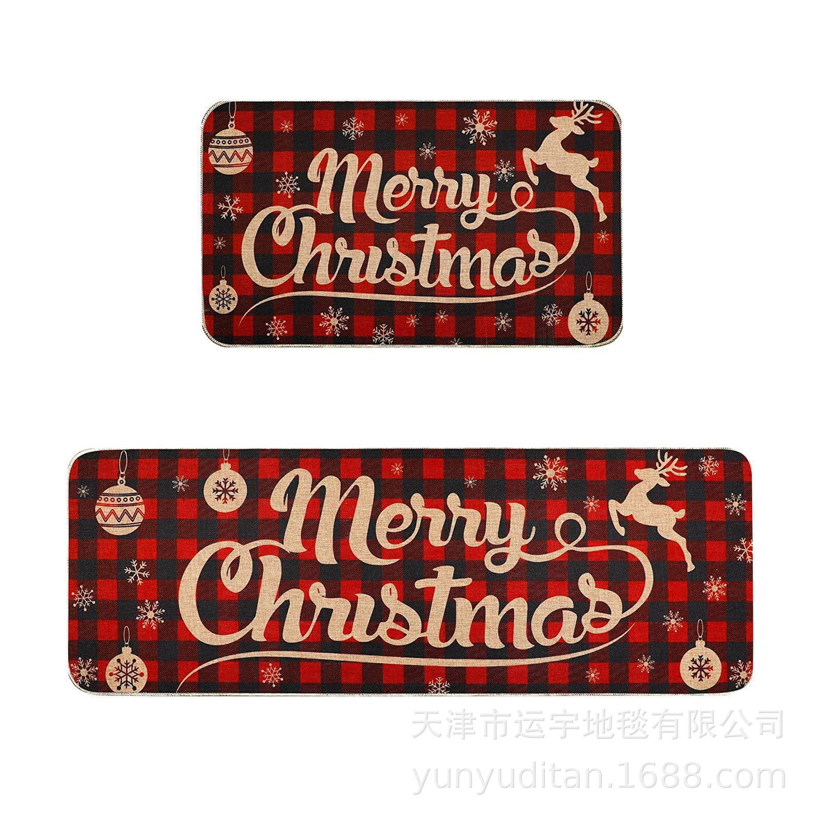 Christmas Kitchen Floor Mat Two-Piece Set Crystal Velvet Water-Absorbent Oil-Absorbent Non-Slip Foot Mat Holiday Decorative Floor Mat