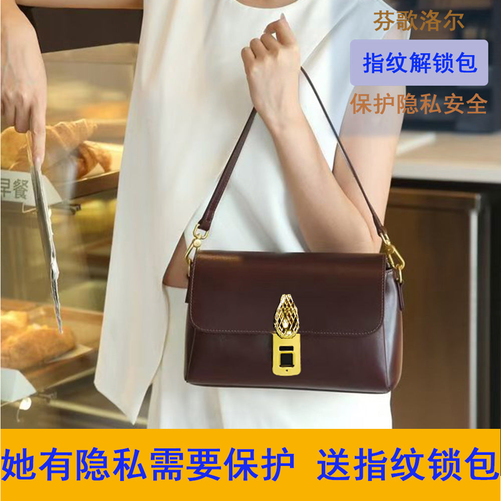 Fingerprint Unlock Bag Niche Genuine Leather Women's Bag High-end Flocked Top Layer Cowhide Single Shoulder Crossbody Commuter Underarm Bag