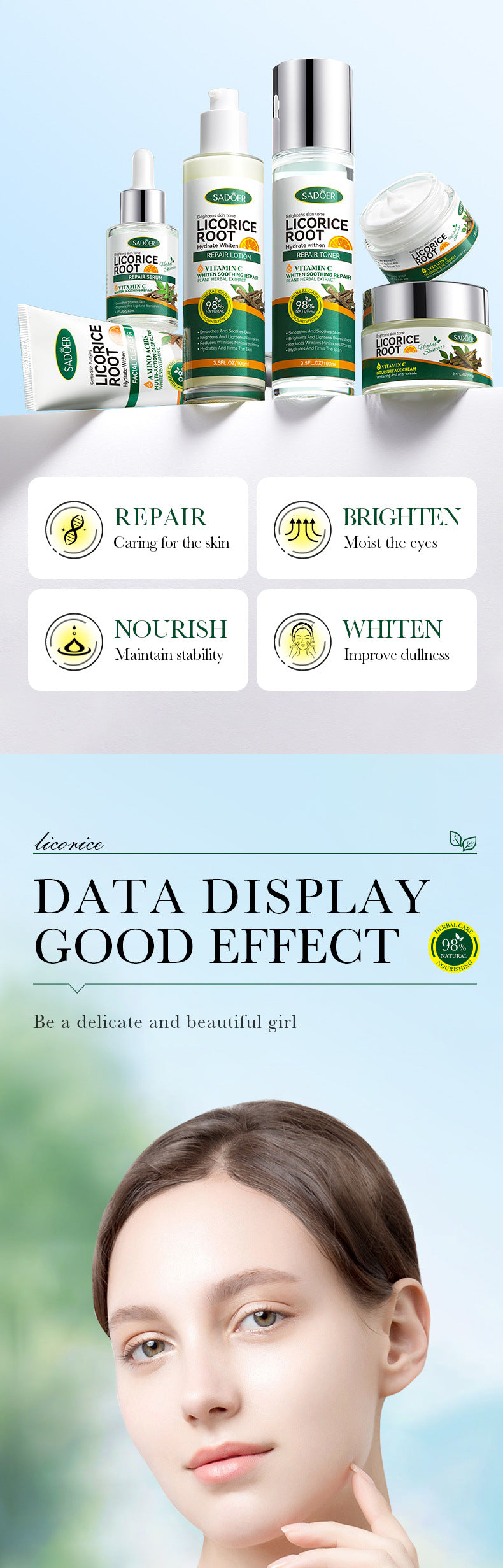 Licorice VC Skin care set SADOER Whitening, hydrating, skin rejuvenation, nourishing six-piece set for cross-border foreign trade wholesale