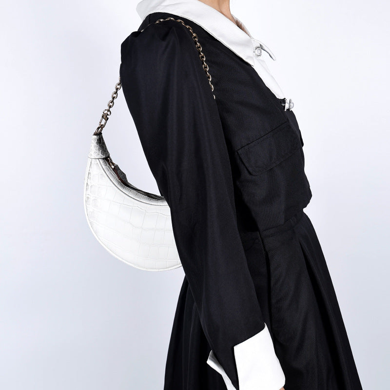 European and American Underarm Single Shoulder Bag for Women, Chain Moon Bag, Mini Fashion Women's Bag, Trendy Versatile Crocodile Pattern Light Luxury Crossbody Bag