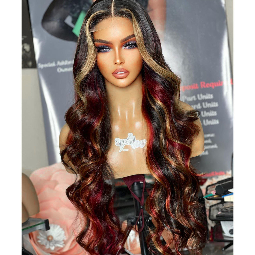 Highlight Wig Red Black 13X4 Synthetic Lace Front Wigs