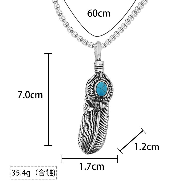 New Takahashi Goro Feather Stainless Steel Men's Necklace Vintage Inlaid Turquoise Titanium Steel Pendant Direct Manufacturer