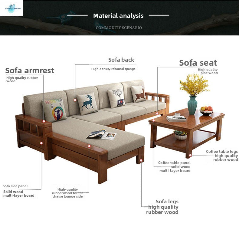 Modern Chinese Style Light Luxury Living Room Solid Wood Sofa Set Small Apartment Three-Seater Rural Wooden Fabric Sofa Bed