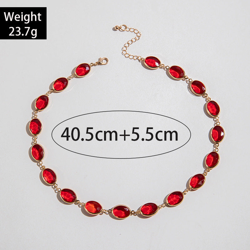 European and American Jewelry Red Diamond Cross Pendant Pearl Necklace Geometric Oval Red Diamond Necklace Wholesale