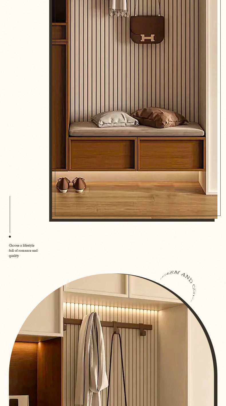 Meikexin French Style Solid Wood Entryway Shoe Rack and Coat Rack with Shoe Changing Stool, Multi-Functional Integrated Wall-Mounted Whole House Customization System