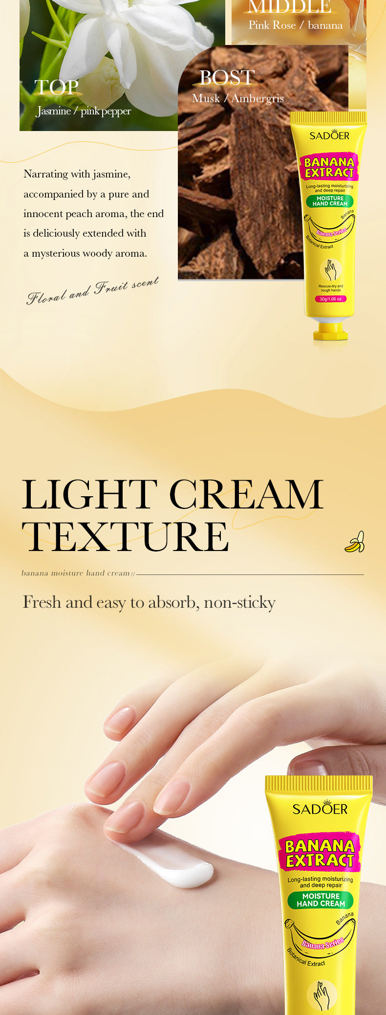 Full English Banana Hydrating Hand Cream30g SADOER Moisturizing and anti-chapped autumn and winter hand cream  wholesale