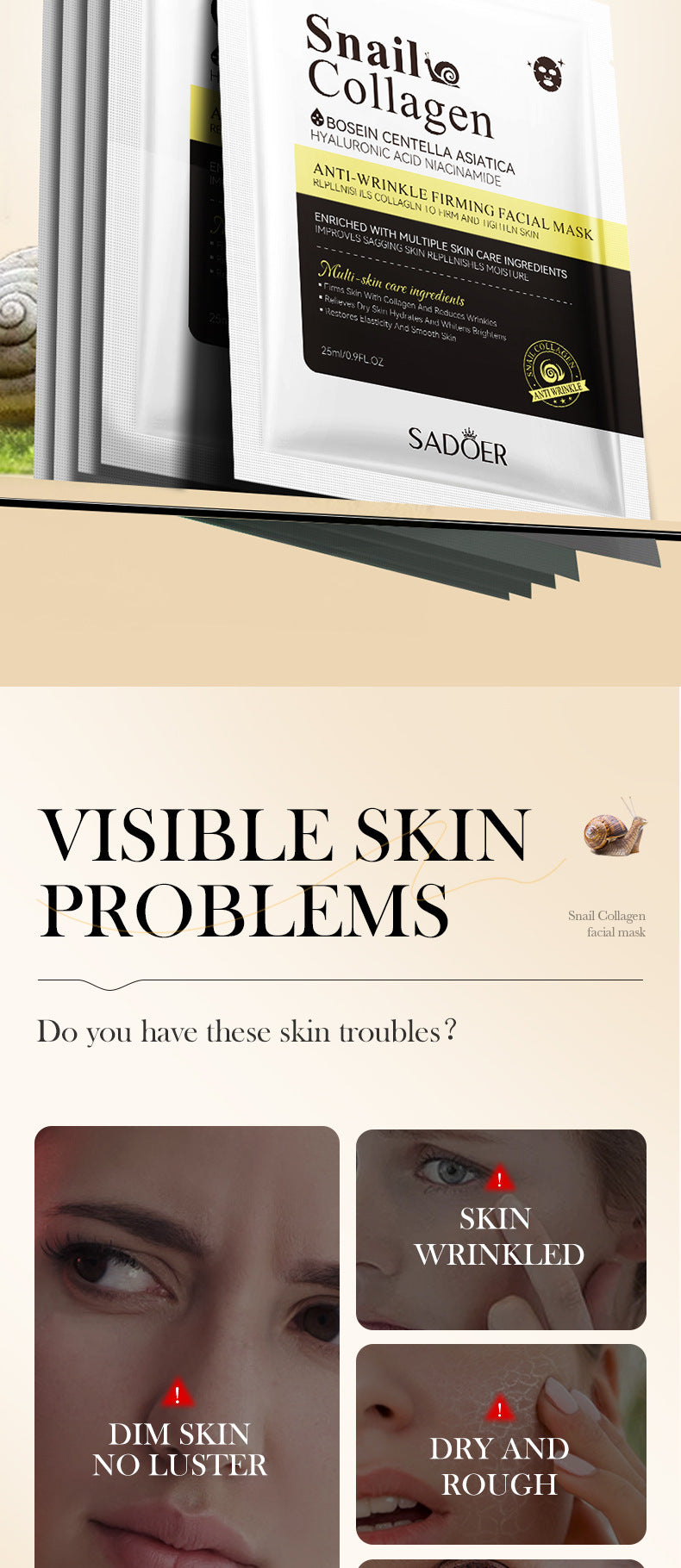 Full English Snail Face Mask SADOER Collagen anti-wrinkle firming delicate skin mask  wholesale