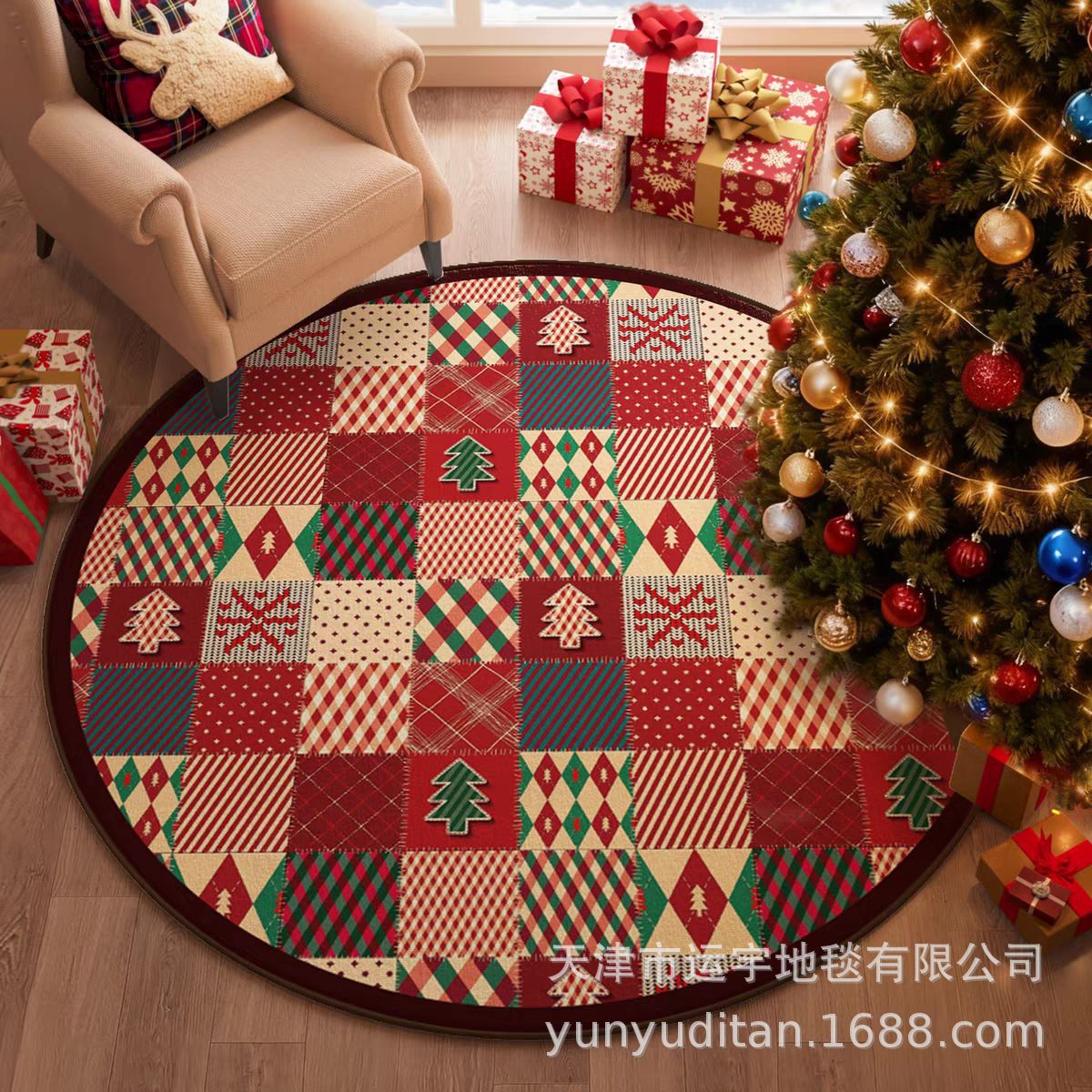 Christmas Carpet Round Living Room Crystal Velvet Floor Mat Christmas Decoration Atmosphere Mat Christmas Tree Floor Mat Customizable