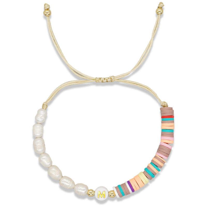 Imitation pearl26Letter Bracelet Bohemian Casual Vacation Bracelet Gold Beads Stretchable Soft Clay Woven Bracelet