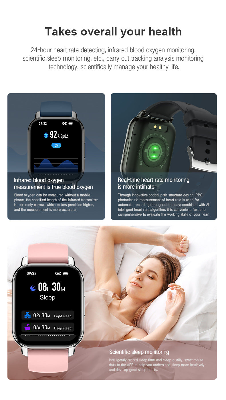 P66Smart Watch1.85inch Bluetooth call heart rate pedometer sleep monitor IP68Deep Waterproof Sports