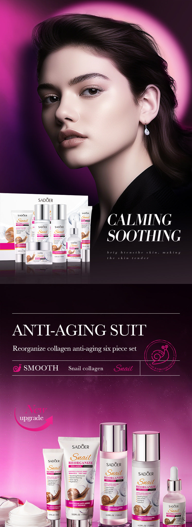 Full English SADOER Snail Restructured Collagen Six-piece Set Moisturizing skin care set  foreign trade wholesale